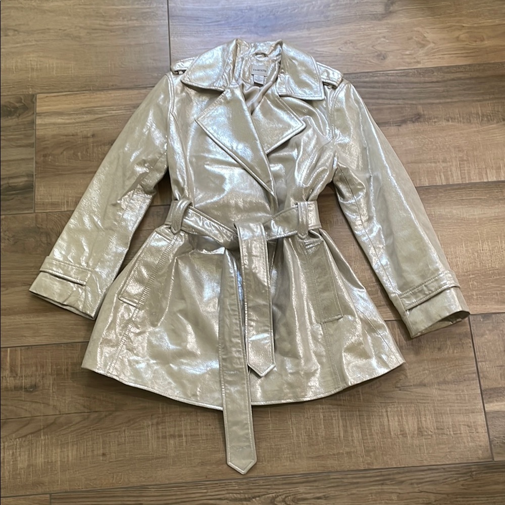 Chico's Reese Trench Women's Large Leather Metallic Silver Mid Length Overcoat